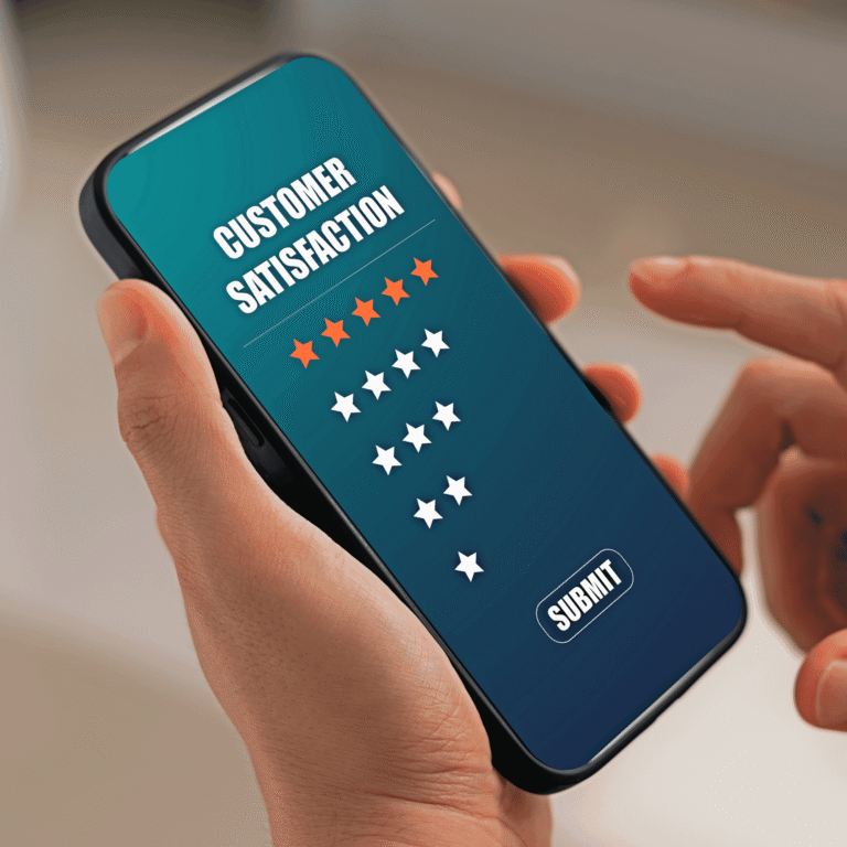 Main tenant un smartphone affichant une enquête de satisfaction cinq étoiles